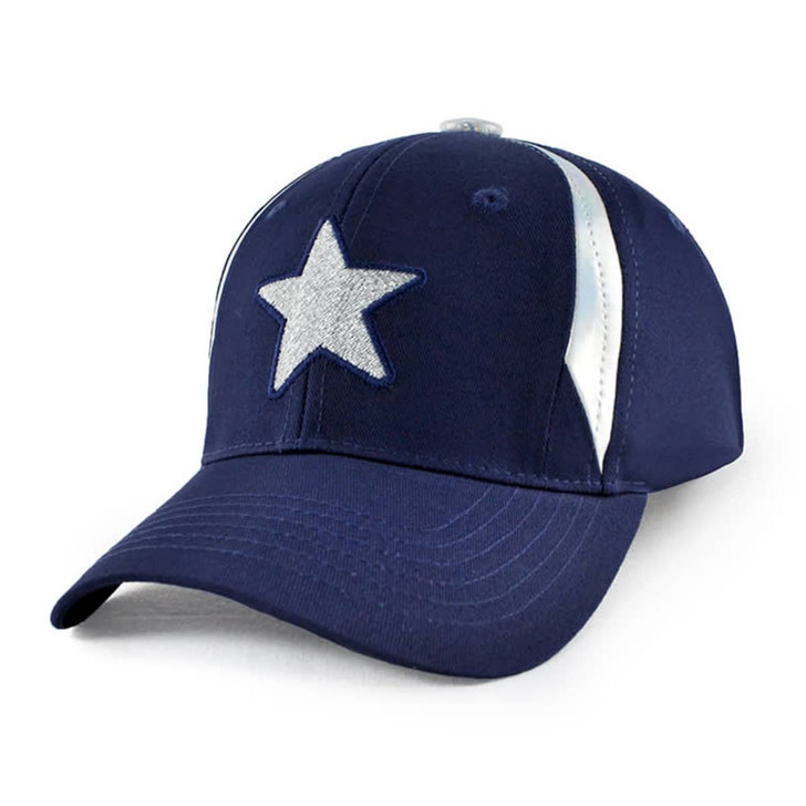 A navy blue cap featuring a silver star and reflective stripes. The cap has an adjustable back and a rounded brim.