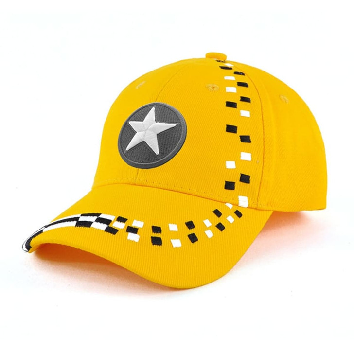 A yellow cap featuring a star emblem and a checkered pattern on the brim, with a logo on the front.