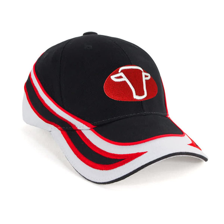 A black and red cap with a logo, featuring a curved design and contrasting white stripes.