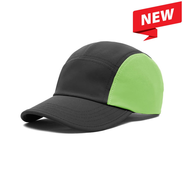 A 6-panel cap featuring a black design with a bright green side portion. It has a logo on the front.
