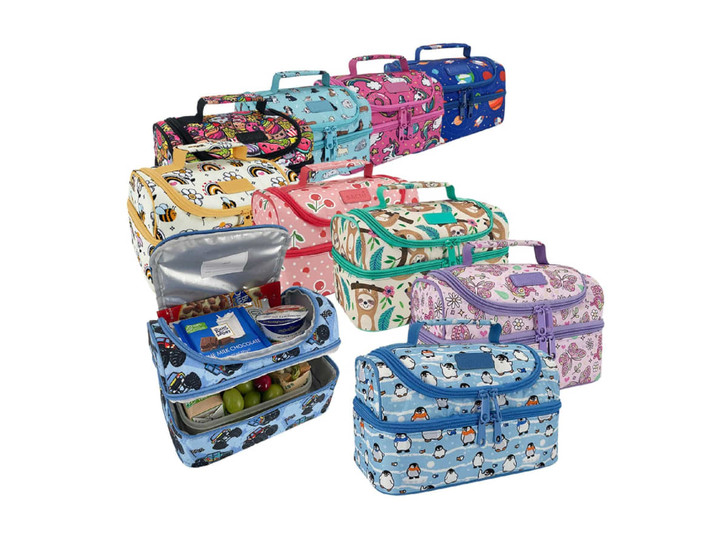 A collection of insulated double decker lunch bags in various colours and patterns, some opened to reveal contents inside.
