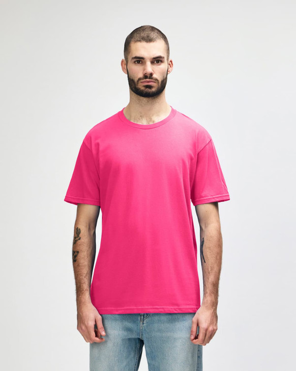A midweight adult T-shirt in vibrant pink, featuring a side panel design and a logo.