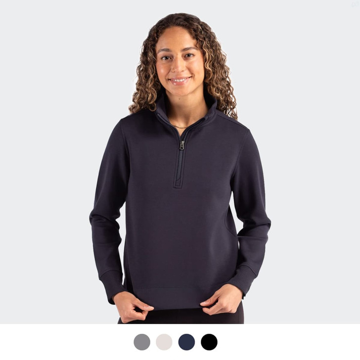 A half-zip jacket for women in navy, featuring a stand collar and a logo. Available in multiple colours.