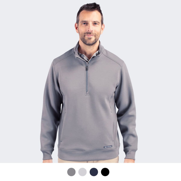A half zip jacket in grey with a collar and long sleeves, featuring a logo on the chest.