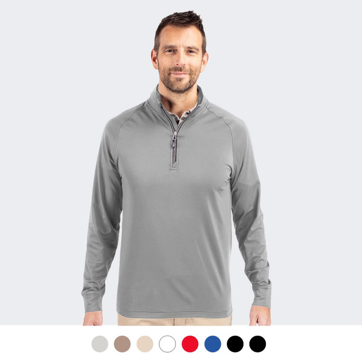 A man wearing a grey half-zip pullover, featuring long sleeves and a collar, with a logo. Different colour options below.