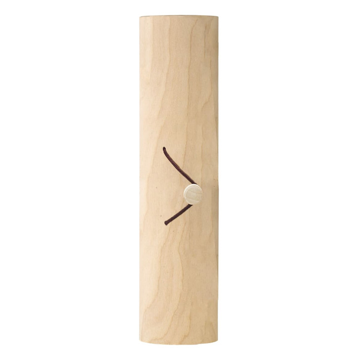 A cylindrical, light birch wood container with a brown leather strap and wooden toggle closure.