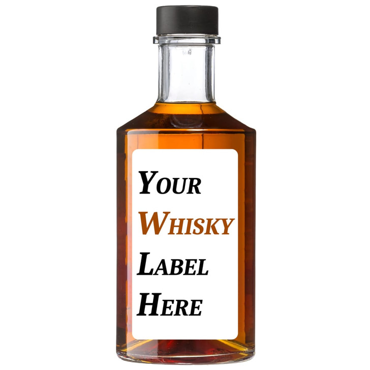 A drink bottle filled with amber whisky, featuring a clear container and a black cap. It has a label for custom text.