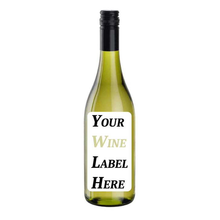 A drink bottle containing a white wine, featuring a glossy label and a sleek black cap. The bottle is clear with a light green hue.
