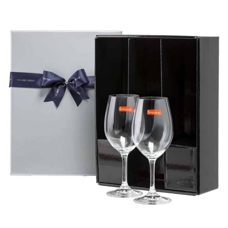 A wine presentation pack featuring two elegant glass wine glasses, presented in a stylish black and silver box with a ribbon.
