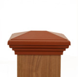 Four by Six Cedar Color Pyramid Post Cap. Fits three and one half inch by five and one half inch posts.