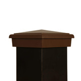 Four by four Mocha Brown Slim Profile Pyramid Post Cap. Actual Measurements fit three and one half inch post.