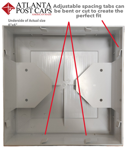 adjustable spacing teeth on the Actual 6"x6" allows for odd size post can be adjusted to fit from 6" up to 6.25" by bending or cutting. will fit most vinyl sleeved post or composite deck post