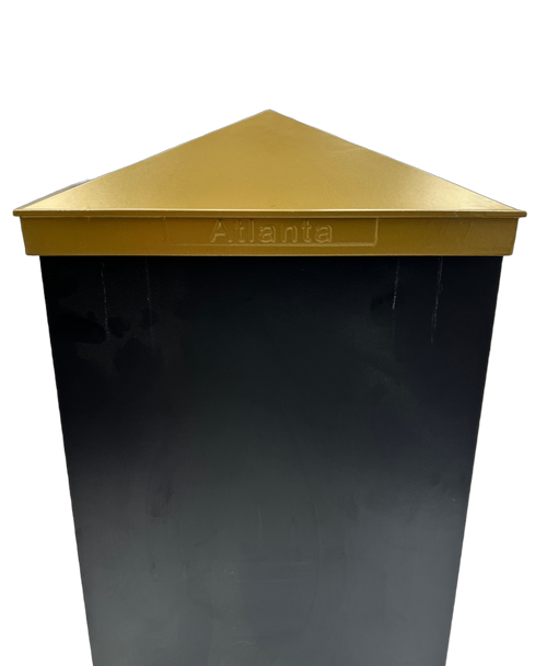 front view of a 8x8 gold post cap on a black post