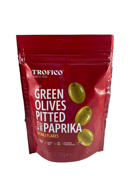 Green Olives, Pitted, with Sweet Paprika & Chili Flakes, 3.88 oz -Aceitunas Verdes, Sin Hueso, con Pimentón Dulce y Copos de Chile