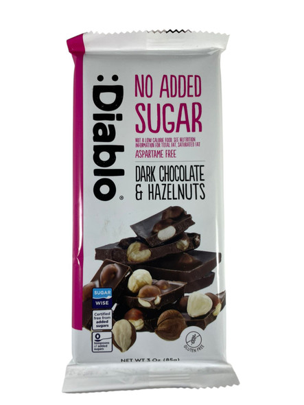 Chocolate Bar, Dark Chocolate & Hazelnuts, No Sugar Added, 3 oz -Barra de Chocolate, Chocolate Negro y Avellanas, Sin Azúcar Añadido, 85g