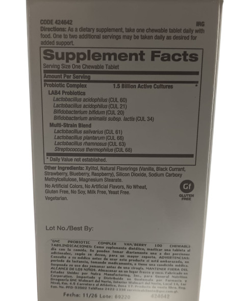 Probiotic, Chewable, 1.5 Billion Active Cultures -Probiótico, Masticable, 1.500 millones de cultivos activos