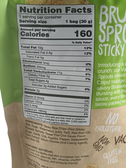 Brussels Sprouts with Sticky Rice Chips, 1.05 oz - Coles de Bruselas con chips de arroz glutinoso, 30 g