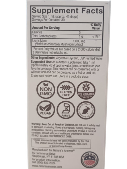 Lion's Mane Extract, 1000mg per Serving, 1 fl oz - Extracto de Melena de León, 1000 mg por dosis, 30ml