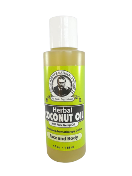 Herbal Coconut Oil, with Pure Hemp Oil, Face & Body, 4 fl oz. - Aceite herbal de coco, con aceite puro de cáñamo, para la cara y el cuerpo, 4 fl oz.