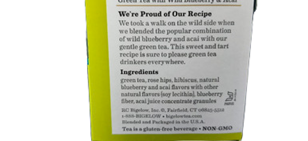 Tea, Green with Wild Blueberry and Acai, 20 Tea bags -Té Verde con Arándanos Silvestres y Acai, 20 Bolsitas de Té