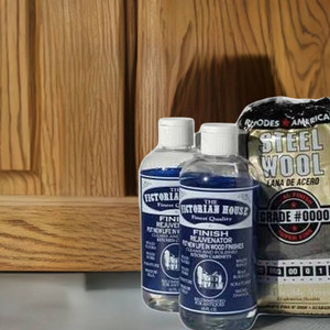 2 Finish Rejuvenator and #0000 Steel wool. Wood cleaner and Polish.