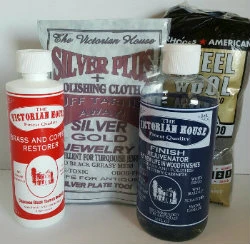 SAMPLER 4--ONE OF EACH OF The Victorian House PRODUCTS AND A 12 PACK OF #0000 STEEL WOOL APPLICATORS.  Finish Rejuvenator, Brass and Copper Cleaner, Silver Plus, steel wool.