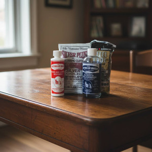 4--ONE OF EACH OF The Victorian House PRODUCTS AND A 12 PACK OF #0000 STEEL WOOL APPLICATORS.  Finish Rejuvenator, Brass and Copper Cleaner, Silver Plus, steel wool.