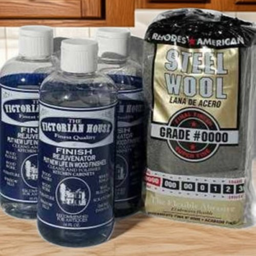 3 bottles Victorian House wood finish Rejuvenator and 0000 steel wool applicators
