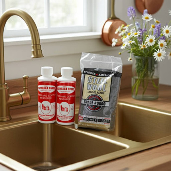2 Brass and Copper Restorer and  #0000 steel wool. NON TOXIC/ Dissolve tarnish and Rinse it away.