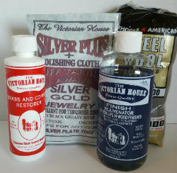 SAMPLER 4--ONE OF EACH OF The Victorian House PRODUCTS AND A 12 PACK OF #0000 STEEL WOOL APPLICATORS.  Finish Rejuvenator, Brass and Copper Cleaner, Silver Plus, steel wool.
