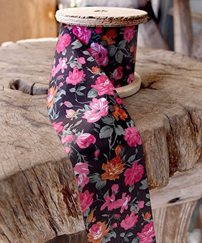 2" Wide x 10 Yards Polyester Long Floral Print Ribbon - Black with Pink Flowers