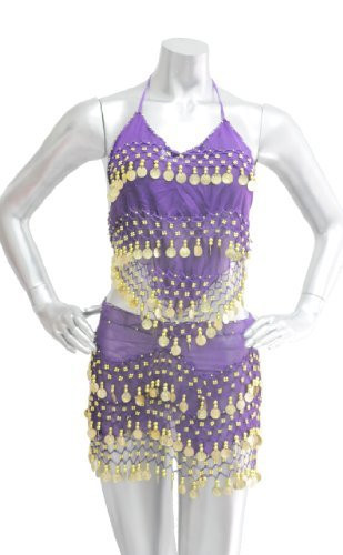 2-piece Sexy Belly Dancing Coin Hip Scarf and Coin Top Set - Purple with Gold Coins