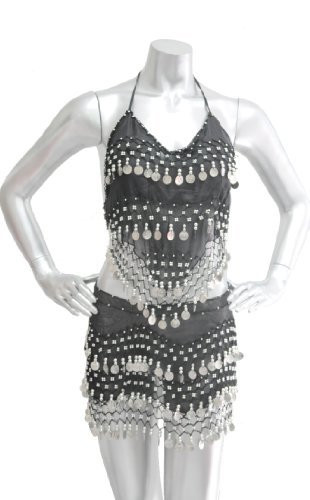 2-piece Sexy Belly Dancing Hip Scarf and Top Costume - Black with Silver Coins