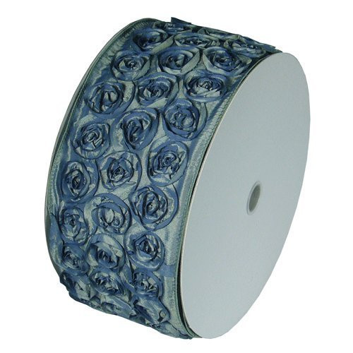 4" Wide x 10 Yards Rose Petal Rosette Ribbon with Wire Edge - Blue/Silver
