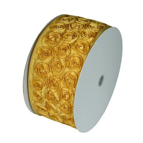 4" Wide x 10 Yards Rose Petal Rosette Ribbon with Wire Edge - Gold