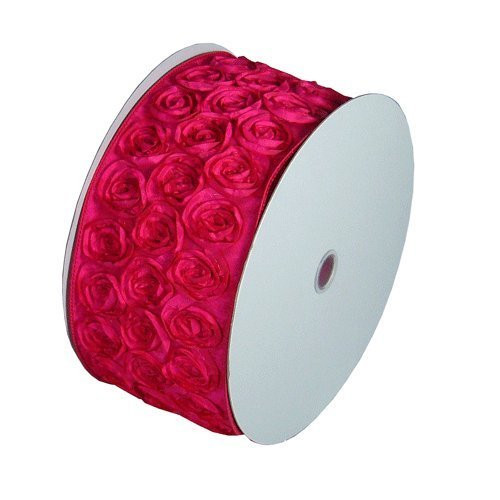 4" Wide x 10 Yards Rose Petal Rosette Ribbon with Wire Edge - Hot Pink