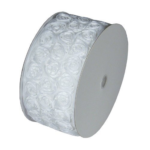 4" Wide x 10 Yards Rose Petal Rosette Ribbon with Wire Edge - White