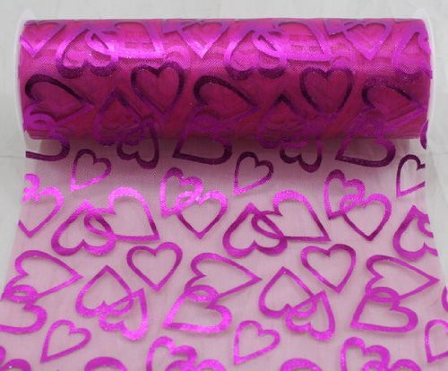6" wide x 10 Yards Hearts Pattern Organza Sheer Fabric Ribbon for Decorating, Floral Designing and Crafts (Hot Pink)
