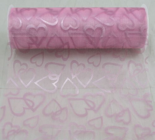 6" wide x 10 Yards Hearts Pattern Organza Sheer Fabric Ribbon for Decorating, Floral Designing and Crafts (Pink)