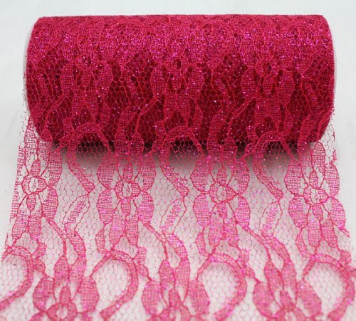 6" wide x 10 Yards Sparkle Floral Pattern Lace Fabric for Decorating, Floral Designing and Crafts (Fuchsia)