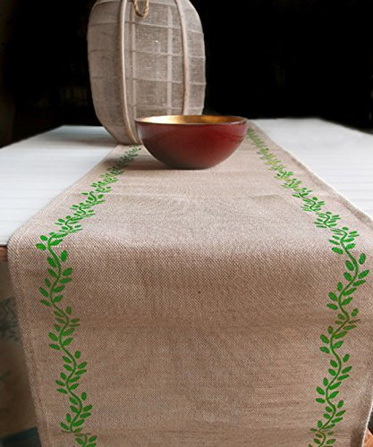 AK-Trading 13" x 180" Juco Burlap & Cotton Blend Christmas Table Runner (Moss Green Leaves)