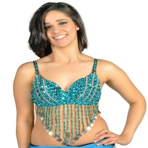 AK-Trading Belly Dancing Fashion Sexy Sequin Beaded Bra with Coin Fringe (Turquoise)