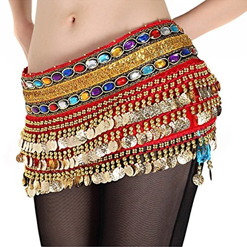 AK-Trading Belly Dancing Velvet Hip Scarf With Gemstones And Gold Coins (Red)