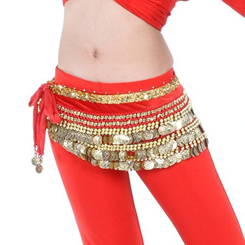 AK-Trading Multi-Row 258 Gold Coins Velvet Belly Dance Hip Scarf - Red