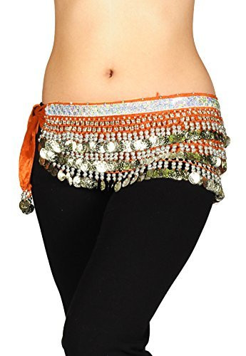 AK-Trading Multi-Row 258 Silver Coins Velvet Belly Dance Hip Scarf - Orange