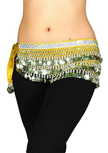 AK-Trading Multi-Row 258 Silver Coins Velvet Belly Dance Hip Scarf - Yellow