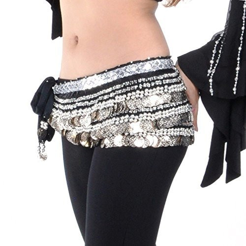 AK-Trading Multi-Row 258 Silver Coins Velvet Belly Dance Hip Scarf Black