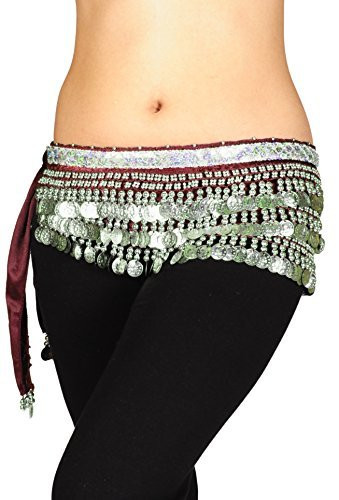 AK-Trading Multi-Row 258 Silver Coins Velvet Belly Dance Hip Scarf Burgundy