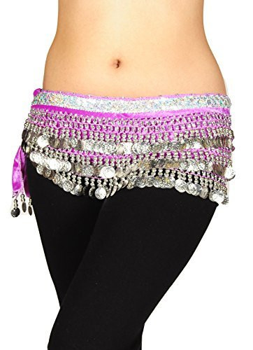 AK-Trading Multi-Row 258 Silver Coins Velvet Belly Dance Hip Scarf Medium Purple