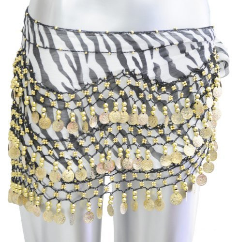 Belly Dance Dancing Animal Print Hip Scarf - Black Zebra with Gold Coins